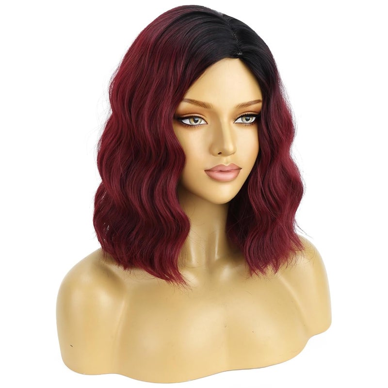 BERON 14 Inches Women Burgundy Ombre Wigs Girls Short Curly Bob Wavy Wig Wine Red Body Heat Resistant Synthetic Cosplay Daily Wigs - Image 3