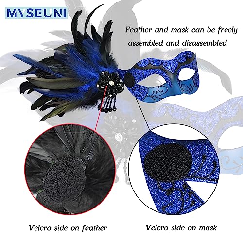 MYSEUNI Blue Masquerade Mask for Couple -Mascarade Masks for Women with Feathers & Venetian Mask Men for Masquerade Party, Mardi Gras, Halloween Cosplay Prom, Christmas - Image 3