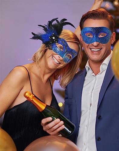 MYSEUNI Blue Masquerade Mask for Couple -Mascarade Masks for Women with Feathers & Venetian Mask Men for Masquerade Party, Mardi Gras, Halloween Cosplay Prom, Christmas - Image 5