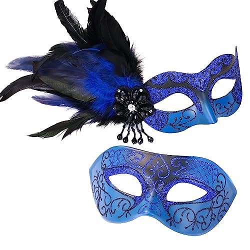 MYSEUNI Blue Masquerade Mask for Couple -Mascarade Masks for Women with Feathers & Venetian Mask Men for Masquerade Party, Mardi Gras, Halloween Cosplay Prom, Christmas - Image 1