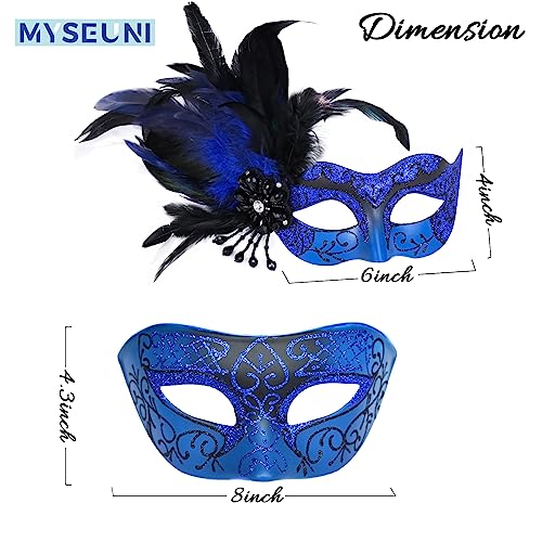 MYSEUNI Blue Masquerade Mask for Couple -Mascarade Masks for Women with Feathers & Venetian Mask Men for Masquerade Party, Mardi Gras, Halloween Cosplay Prom, Christmas - Image 2
