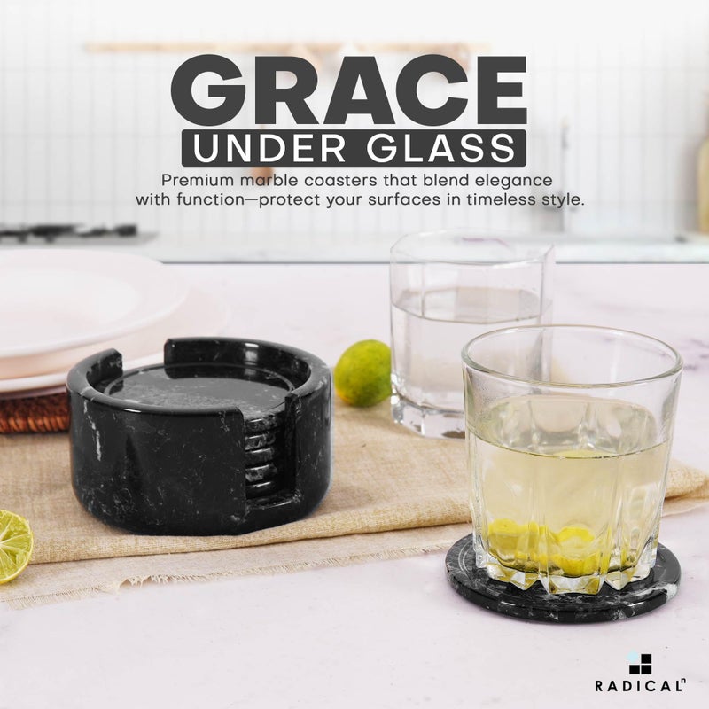 RADICALn Marble Coasters Set of 6 Black 3.5 Inch Round Coaster for Drinks with Holder, Drink Coaster for Tabletop & Coffee Table Decor, Ideal Home Decor House Warming Gifts - Image 4