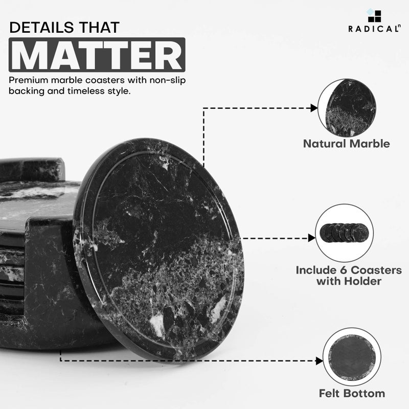 RADICALn Marble Coasters Set of 6 Black 3.5 Inch Round Coaster for Drinks with Holder, Drink Coaster for Tabletop & Coffee Table Decor, Ideal Home Decor House Warming Gifts - Image 5