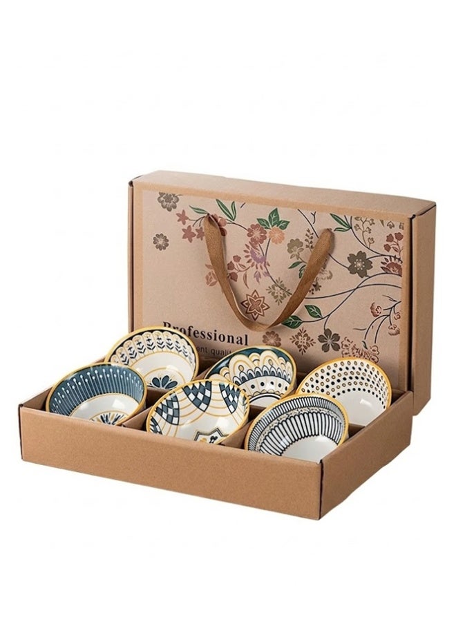 Crazy Boss 6PCS Ceramic Bowl Set with Chopsticks Modern Pattern Gift Box Dinnerware Set for Rice, Soup, Noodles and Snacks - Image 1