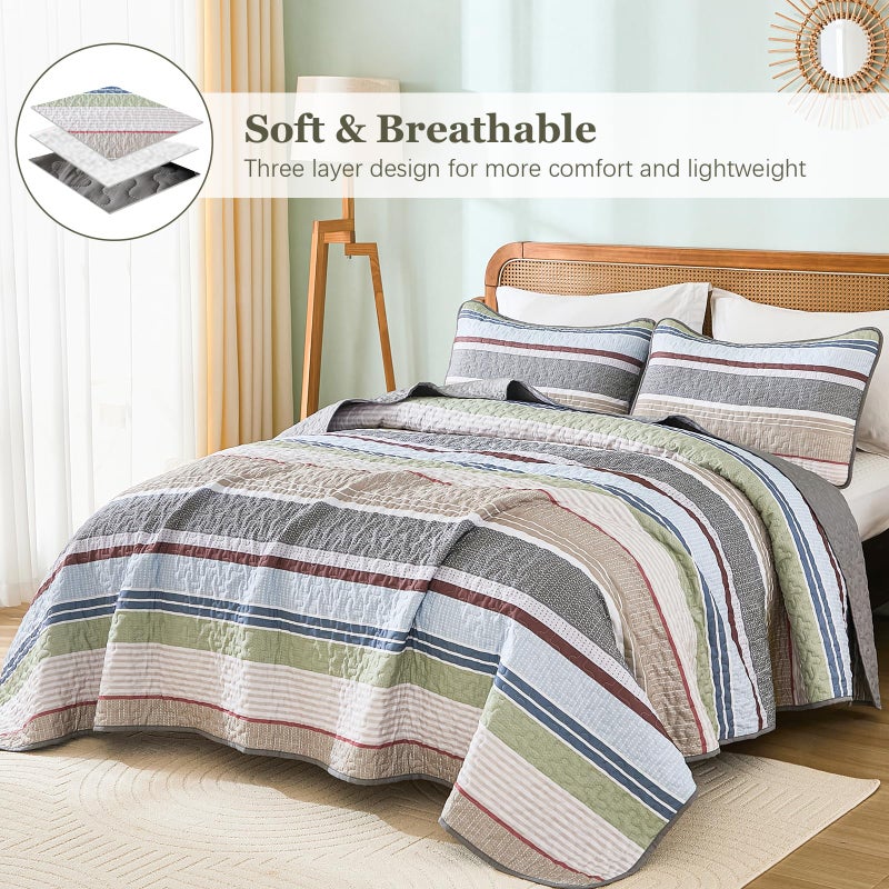 Dintszyayue King Size Quilts Sage Grey, 3 Pieces Boho Striped Bedspread Bedding for King Size Bed, Soft Lightweight Microfiber Bohemian Coverlet Set for All Season Quilts with 2 Pillowcases - Image 4