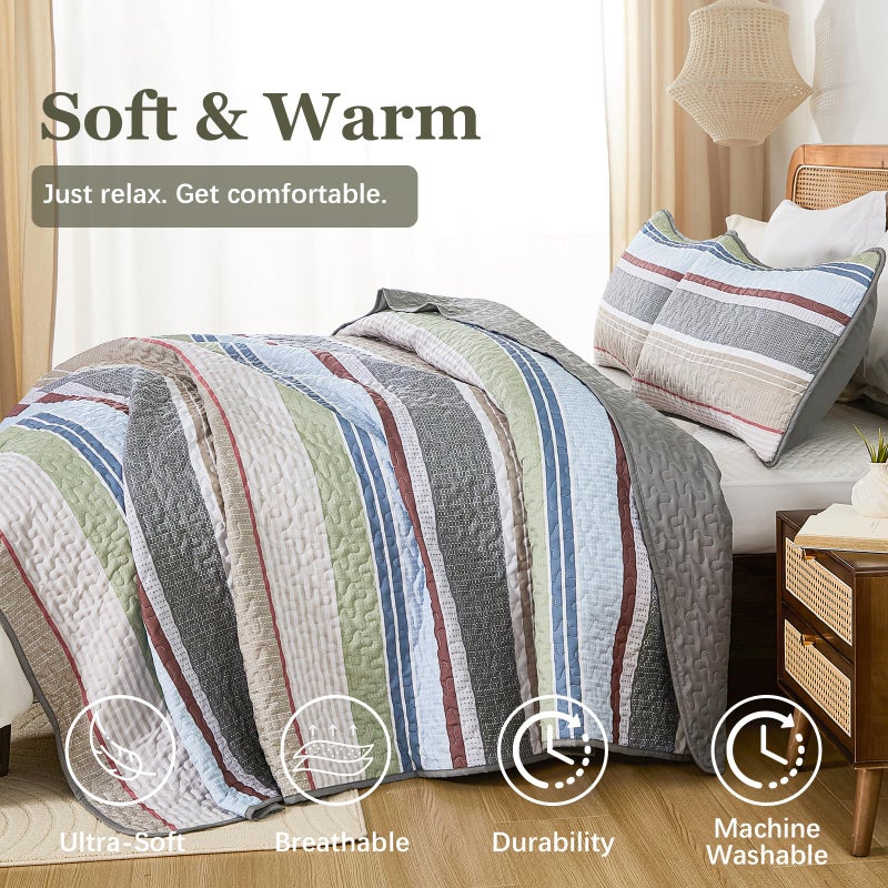 Dintszyayue King Size Quilts Sage Grey, 3 Pieces Boho Striped Bedspread Bedding for King Size Bed, Soft Lightweight Microfiber Bohemian Coverlet Set for All Season Quilts with 2 Pillowcases - Image 5