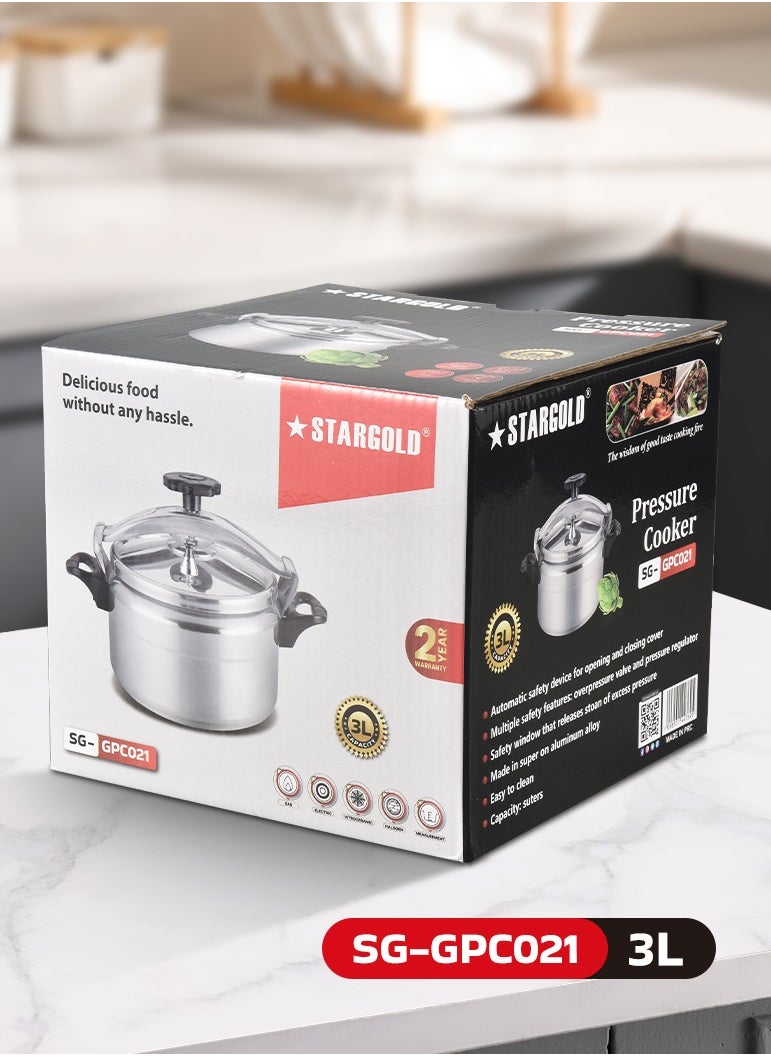 Stargold - Aluminum Pressure Cooker Unique Pressure Indicator Durable Aluminum Alloy Fast And Energy Efficient Pressure Cooker With Firm Handles 3Liters Silver - Image 1