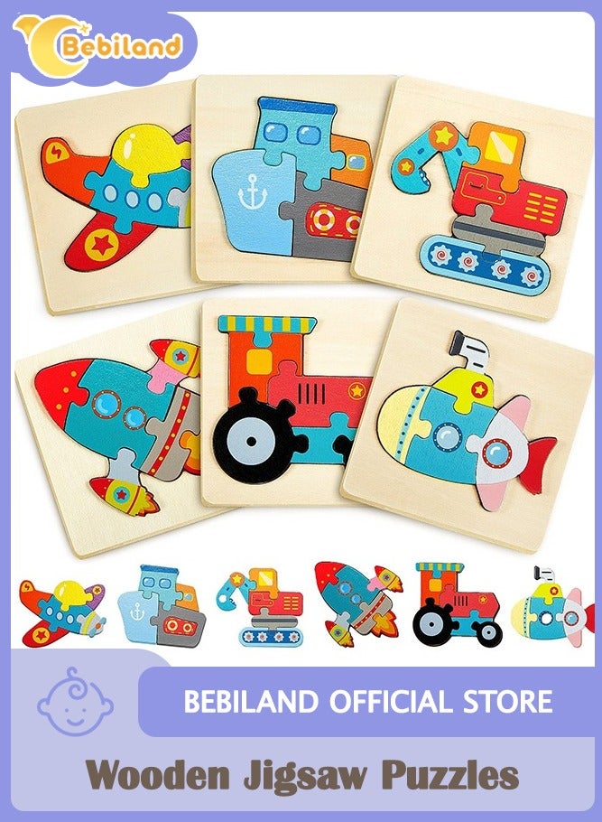 Bebiland 6 Pack Wooden Puzzles for Toddlers Wood Jigsaw Puzzles for Boys Montessori Games and Educational Toys for Kids Wooden Toddlers Puzzles Present  (Vehicle) - Image 1