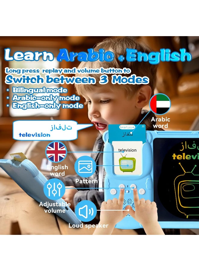 TFiOXL Bilingual English Arabic Flash Cards with 8 Inch LCD Writing Tablet for Kids 3-12 Toddlers Pocket Speech Drawing Sketch Pad Educational Toy Blue - Image 3