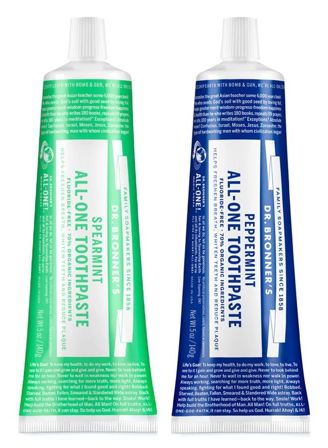 Dr. Bronner's All-One Toothpaste Variety Pack - Peppermint & Spearmint, 70% Organic Ingredients, Fluoride-Free, Helps Freshen Breath, Vegan (5oz, 2-Pack) - Image 1
