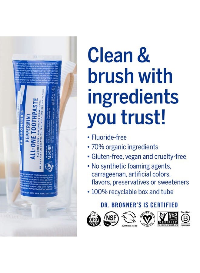 Dr. Bronner's All-One Toothpaste Variety Pack - Peppermint & Spearmint, 70% Organic Ingredients, Fluoride-Free, Helps Freshen Breath, Vegan (5oz, 2-Pack) - Image 5