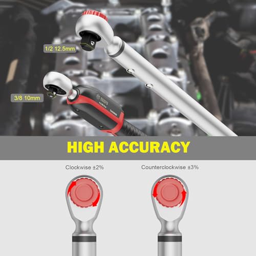 VANPO Digital Torque Wrench Set, 2Pcs 3/8" (3.1-62.7Ft.lb/4.2-85Nm) & 1/2" (14.7-295Ft.lb/20-400Nm) Electronic Torque Wrench with Buzzer, LED Indicator, Preset Value, Data Storage for Bike, Moto, Car - Image 3