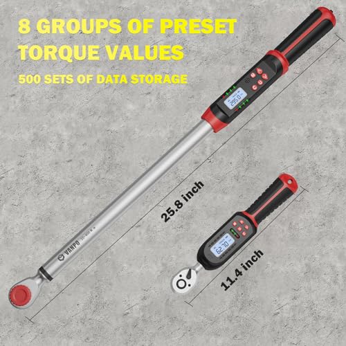 VANPO Digital Torque Wrench Set, 2Pcs 3/8" (3.1-62.7Ft.lb/4.2-85Nm) & 1/2" (14.7-295Ft.lb/20-400Nm) Electronic Torque Wrench with Buzzer, LED Indicator, Preset Value, Data Storage for Bike, Moto, Car - Image 2