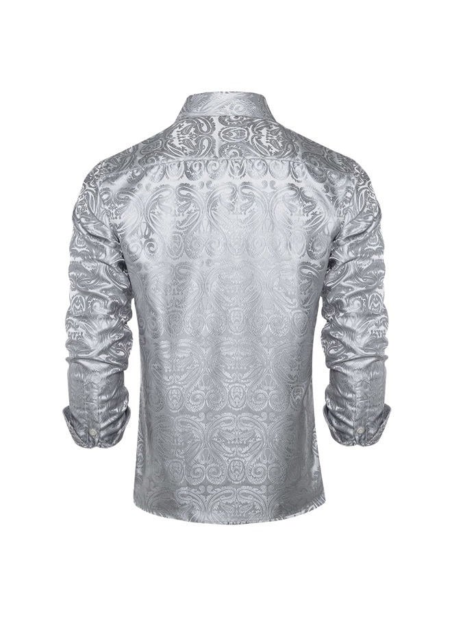 DiBanGu Mens Silk Paisley Dress Shirts,Long Sleeve Button Down Shirt Casual Regular Fit Shirt for Men Wedding Party, Silver&paisley, XL - Image 3