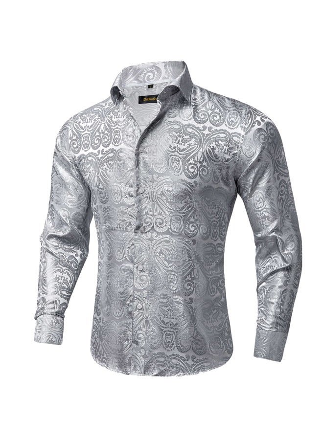 DiBanGu Mens Silk Paisley Dress Shirts,Long Sleeve Button Down Shirt Casual Regular Fit Shirt for Men Wedding Party, Silver&paisley, XL - Image 1