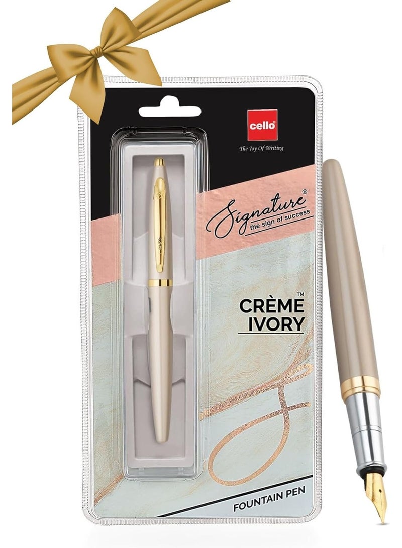 Cello 1-Piece Signature Crème Ivory Fountain Pen With One Blue Ink Cartridge - Image 1