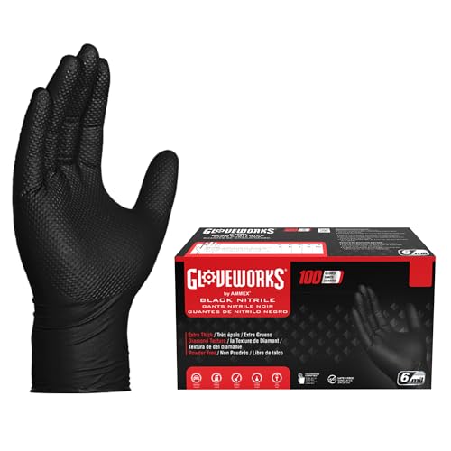 GLOVEWORKS HD Black Nitrile Industrial Disposable Gloves 6 Mil LatexFree Raised Diamond Texture Large Box of 100 - Image 1
