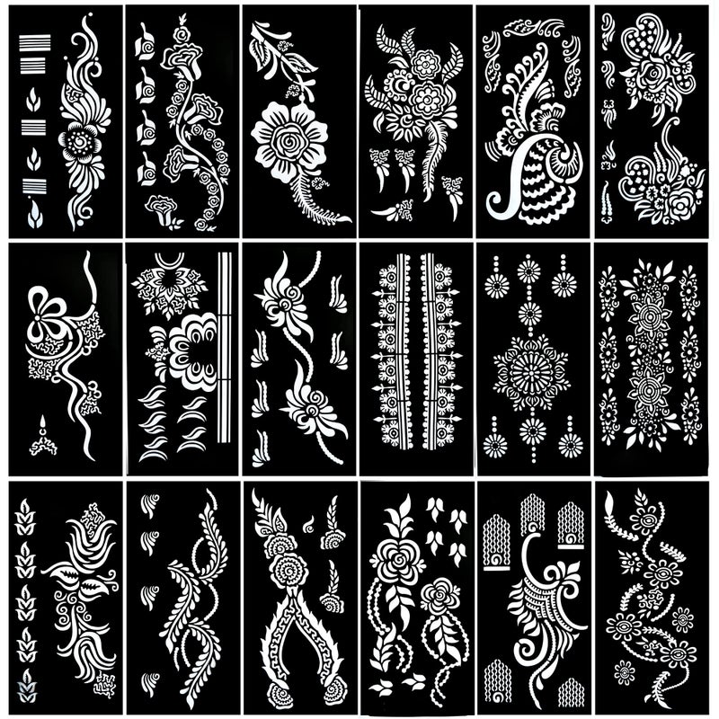 PADOUN 18Sheet Henna Tattoo Stencils for Hands Glitter Temporary Tattoo Templates Indian Henna Tattoo Sticker Kit for Body Arm and Hand Painting - Image 3