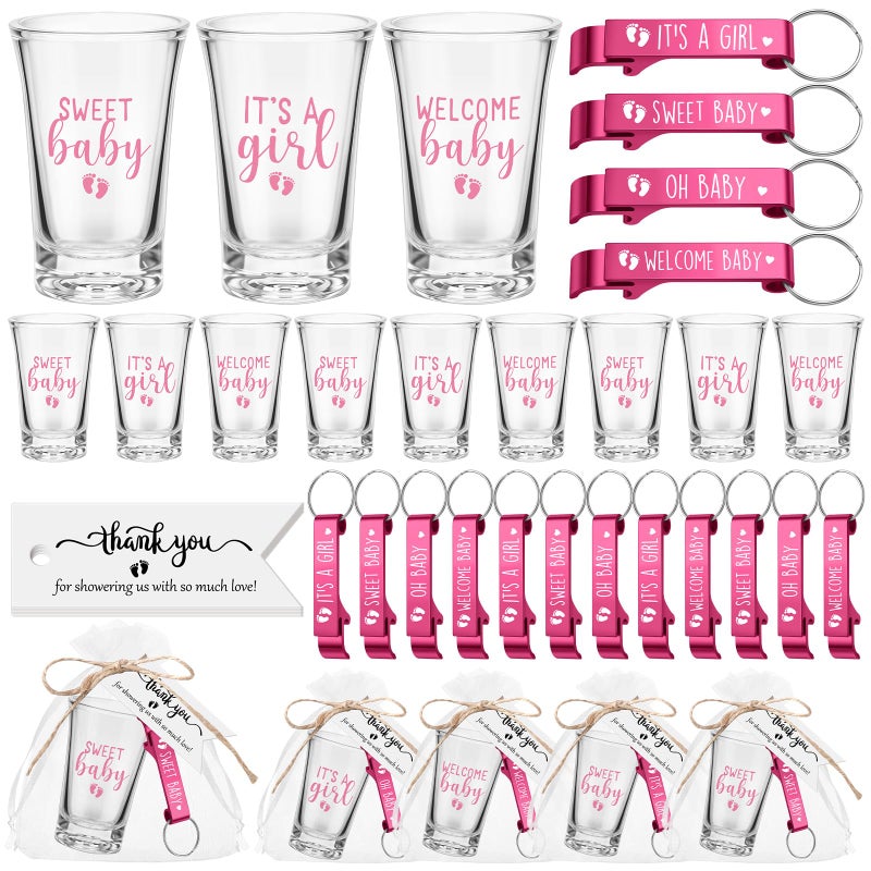 Pickmesh 96 Pcs Baby Shower Party Favors for 24 Guest, Boy or Girl Shot Glasses Gifts, Bottle Openers, Thank You Tags, Organza Bags Baby Shower Prizes for Guest Return Gifts Gender Reveal Party(Pink) - Image 1
