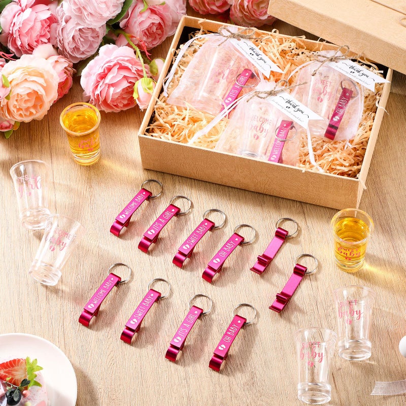 Pickmesh 96 Pcs Baby Shower Party Favors for 24 Guest, Boy or Girl Shot Glasses Gifts, Bottle Openers, Thank You Tags, Organza Bags Baby Shower Prizes for Guest Return Gifts Gender Reveal Party(Pink) - Image 5
