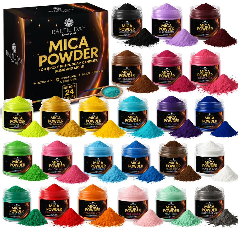 BALTIC DAY Mica Powder for Epoxy Resin â€“ 24 Ultra-Vibrant Colors in Large 10g Jars (240g Total) â€“ High-Pigment Cosmetic-Grade Pearlescent Powder for Soap, Slime, Candle Dye & Crafts - Image 1