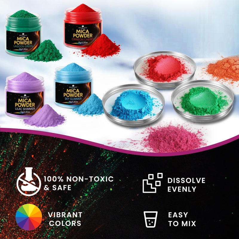 BALTIC DAY Mica Powder for Epoxy Resin â€“ 24 Ultra-Vibrant Colors in Large 10g Jars (240g Total) â€“ High-Pigment Cosmetic-Grade Pearlescent Powder for Soap, Slime, Candle Dye & Crafts - Image 4
