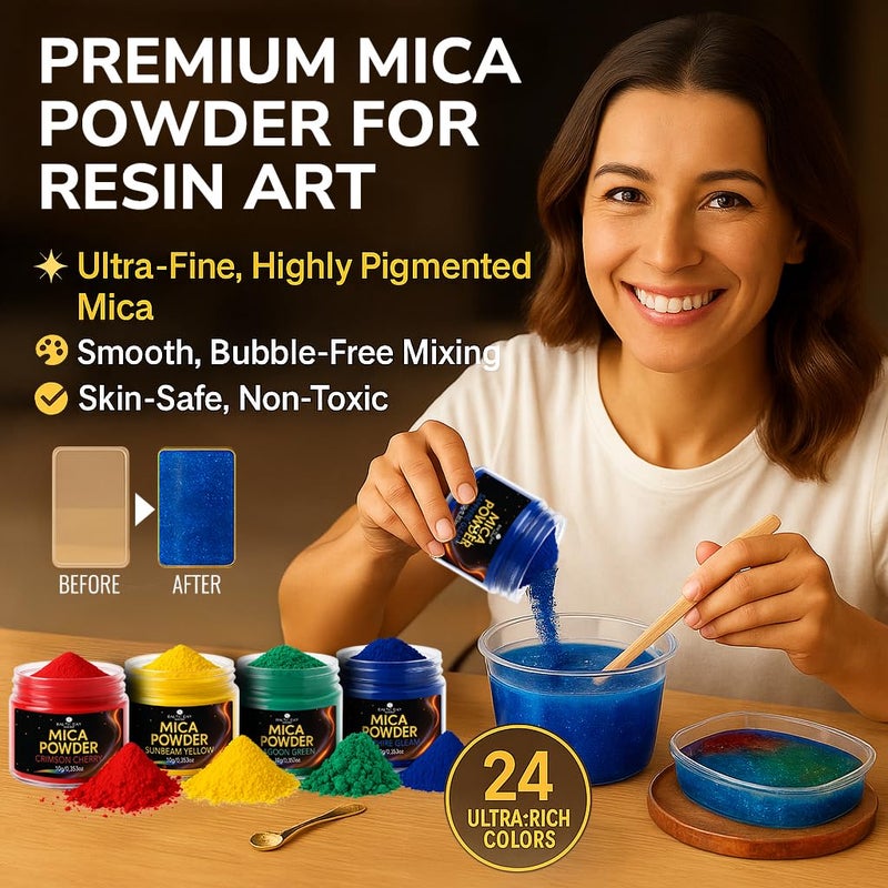 BALTIC DAY Mica Powder for Epoxy Resin â€“ 24 Ultra-Vibrant Colors in Large 10g Jars (240g Total) â€“ High-Pigment Cosmetic-Grade Pearlescent Powder for Soap, Slime, Candle Dye & Crafts - Image 3