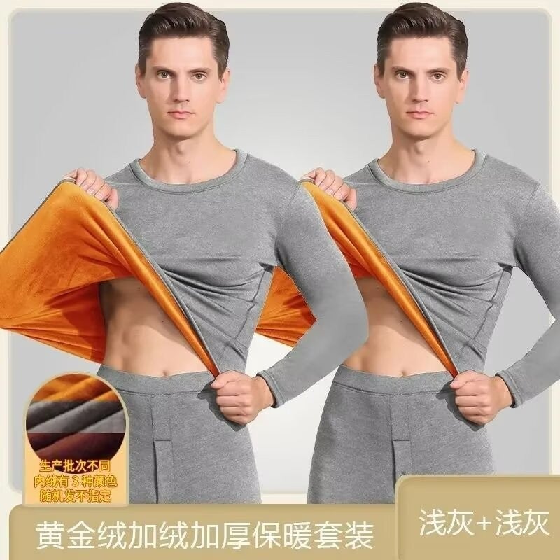 2024 winter mens thermal underwear suit double-sided velvet self-heating young and middle-aged autumn clothes pants wear inside Light gray plus light gray