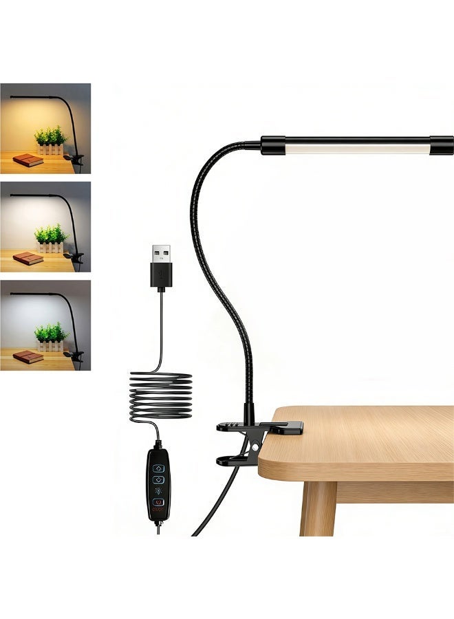 FDTY LED Desk Lamp with Clamp, 3 Color Modes 10 Brightness Dimmable Clip On Light, Flexible Gooseneck USB Eye Caring Desk Light for Home Office Dorm Reading Nail Black - Image 1