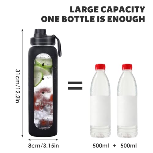 GIEMIT Glass Water Bottles 32oz with Silicone Sleeve Drinking Hydration Bottles Reusable Borosilicate Wide Mouth Motivational Water Flask Canteen with Time Marker Spout Lid and Brush - Image 5