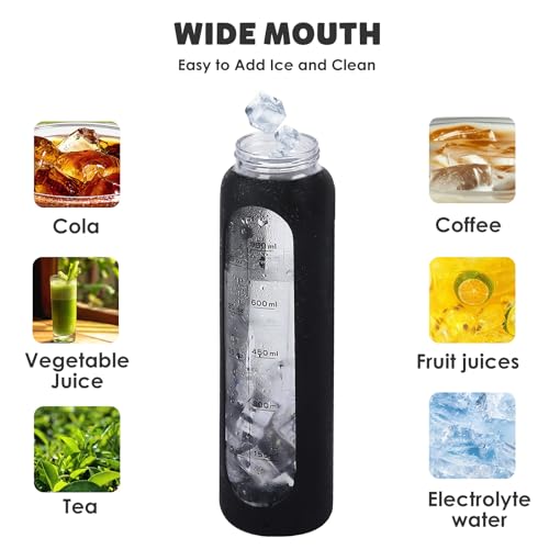 GIEMIT Glass Water Bottles 32oz with Silicone Sleeve Drinking Hydration Bottles Reusable Borosilicate Wide Mouth Motivational Water Flask Canteen with Time Marker Spout Lid and Brush - Image 4
