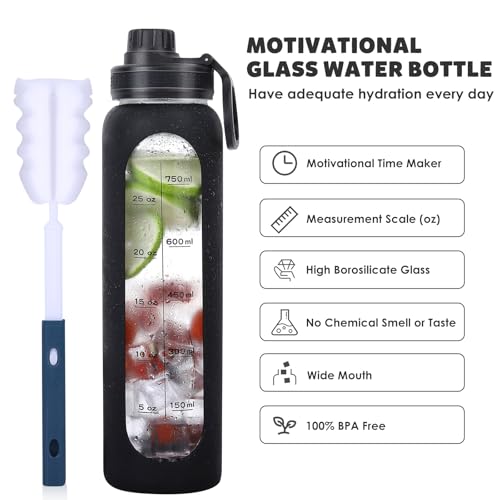 GIEMIT Glass Water Bottles 32oz with Silicone Sleeve Drinking Hydration Bottles Reusable Borosilicate Wide Mouth Motivational Water Flask Canteen with Time Marker Spout Lid and Brush - Image 2