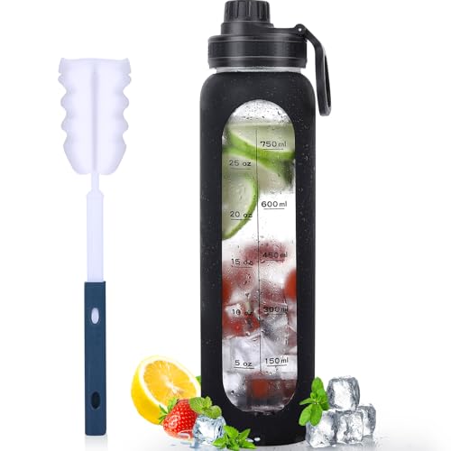 GIEMIT Glass Water Bottles 32oz with Silicone Sleeve Drinking Hydration Bottles Reusable Borosilicate Wide Mouth Motivational Water Flask Canteen with Time Marker Spout Lid and Brush - Image 1
