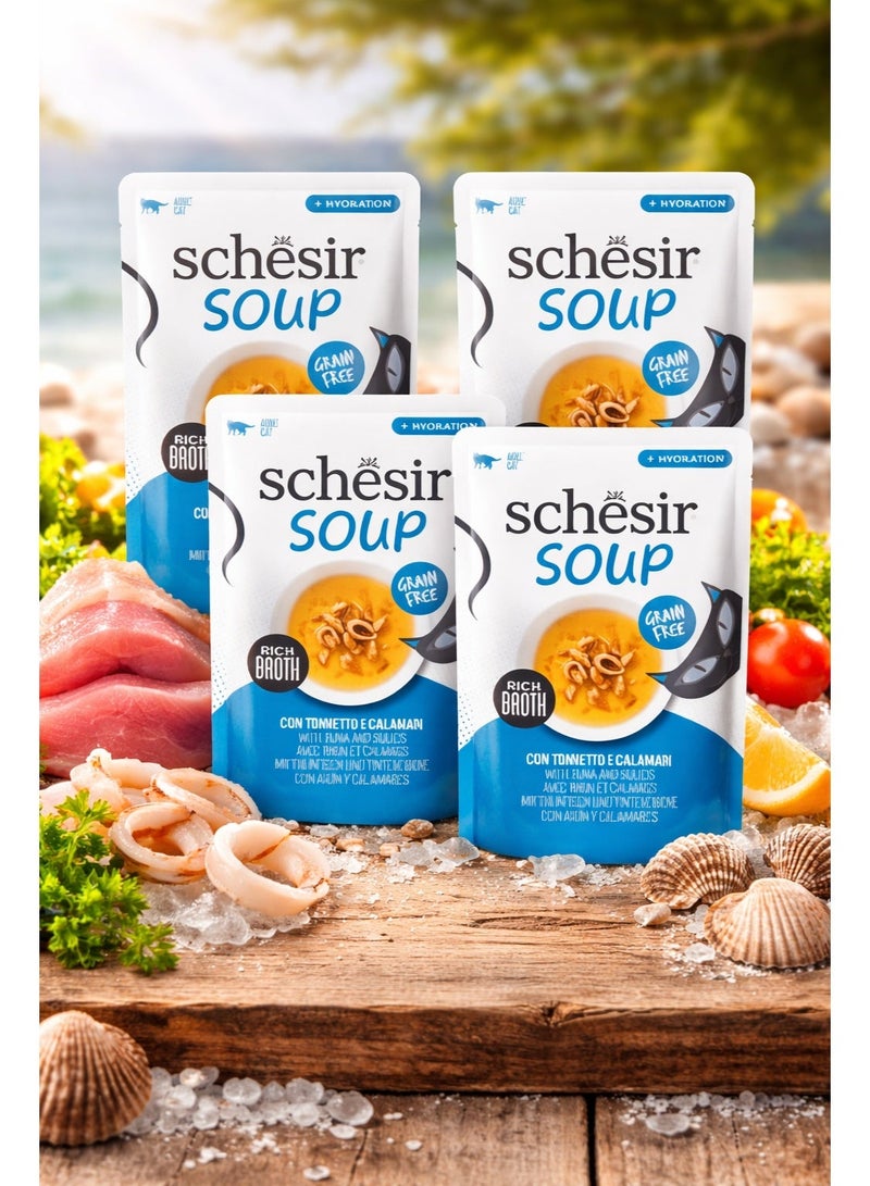 Schesir Soup for Adult Cats – Tuna with Squid – Grain-Free Wet Food – Rich Broth for Hydration – 40 g (Pack of 4) - Image 1