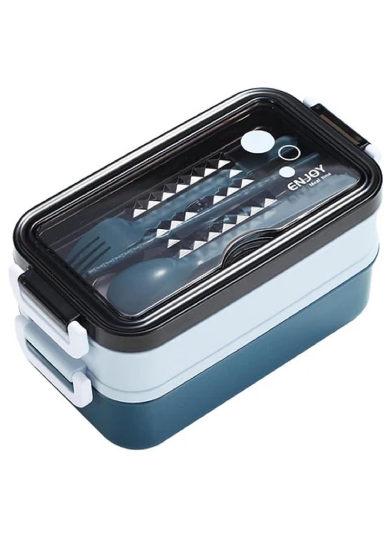 LIMITLESS Lunch Box 1050ml with Sticks, Fork and Spoon,3 Compartments, Leak Proof Double Layer Bento Box, Microwave & Dishwasher Safe Lunch Boxes for School, Work, Picnic, Travel (Blue/Gray)  - Image 1