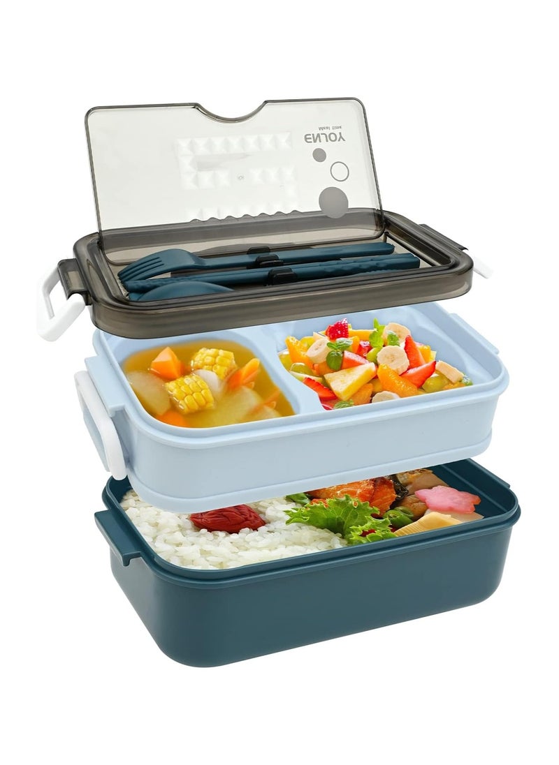 LIMITLESS Lunch Box 1050ml with Sticks, Fork and Spoon,3 Compartments, Leak Proof Double Layer Bento Box, Microwave & Dishwasher Safe Lunch Boxes for School, Work, Picnic, Travel (Blue/Gray)  - Image 2