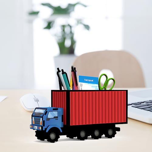 MakerTech Gifting Wooden Mini Truck Pen Stand | Pencil Holder | Desk Organizer | New Office Gift | Unique Gift for Colleagues | Gift for Friend | Gift for Teacher | Gift for Kids | Stylish Home Decor Gift (Red & Blue) - Image 1