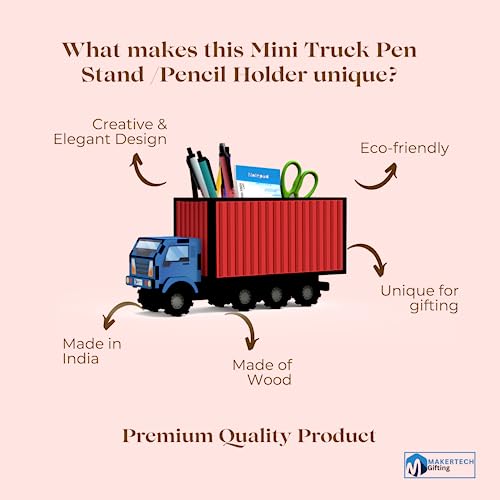 MakerTech Gifting Wooden Mini Truck Pen Stand | Pencil Holder | Desk Organizer | New Office Gift | Unique Gift for Colleagues | Gift for Friend | Gift for Teacher | Gift for Kids | Stylish Home Decor Gift (Red & Blue) - Image 4