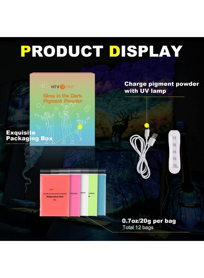 HTVRONT Glow in The Dark Pigment Powder (12 colors, 0.7 oz / 20 g Each), Glow in The Dark Resin Pigment with UV Lamp, Glow in the Dark Mica Powder for Epoxy Resin, Acrylic Nails, Bath Bomb, etc. - Image 2