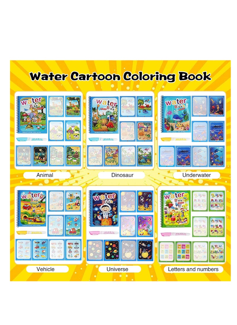 6 Pack Magic Water Colouring Book,Kids Reusable Drawing Book with 6 Pieces Pen,Coloring Book for Kids Educational Toy