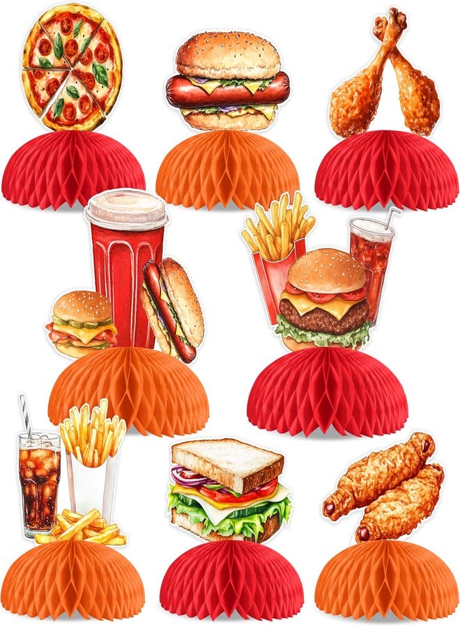 Cheereveal ديكورات حفلات الوجبات السريعة من تشيريفيل، 8 قطع من قطع مركزية على شكل قرص العسل للوجبات السريعة، زينة طاولة بيتزا وبطاطس مقلية، لوازم حفلات أعياد الميلاد وحفلات استقبال المولود الجديد بطابع الوجبات السريعة - Image 1