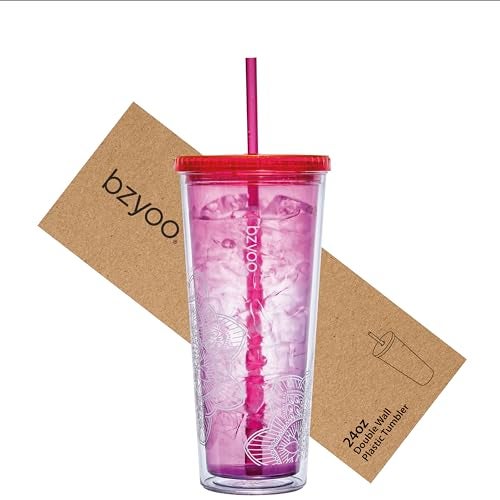 bzyoo SIP 24oz 710ml Double Wall Plastic Tumbler with Lid and Straw Cold Drink Travel Mug Reusable Party Cup Perfect for Office Ice Coffee or Tea and Gift Color Pink  Purple