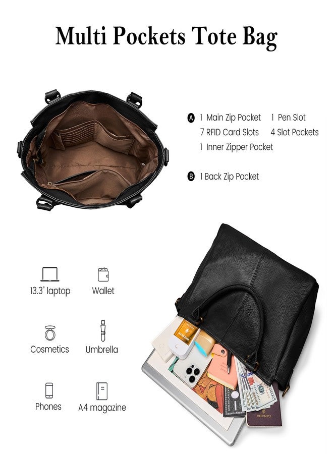 befen Black Soft Real Leather MediumTote Bag for Women, Womens Leather Purses Handbags Crossbody Bags Top Handles Satchel Purse with RFID Card Slots - Image 3