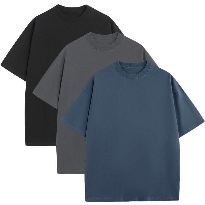 SnowElve 3 Pack Mens Oversized T-Shirts Fashion Loose Fit Crewneck Tshirt Streetwear Heavyweight Short Sleeve Tee Shirt Gym Workout Tops(BLGYBK,L) - Image 1