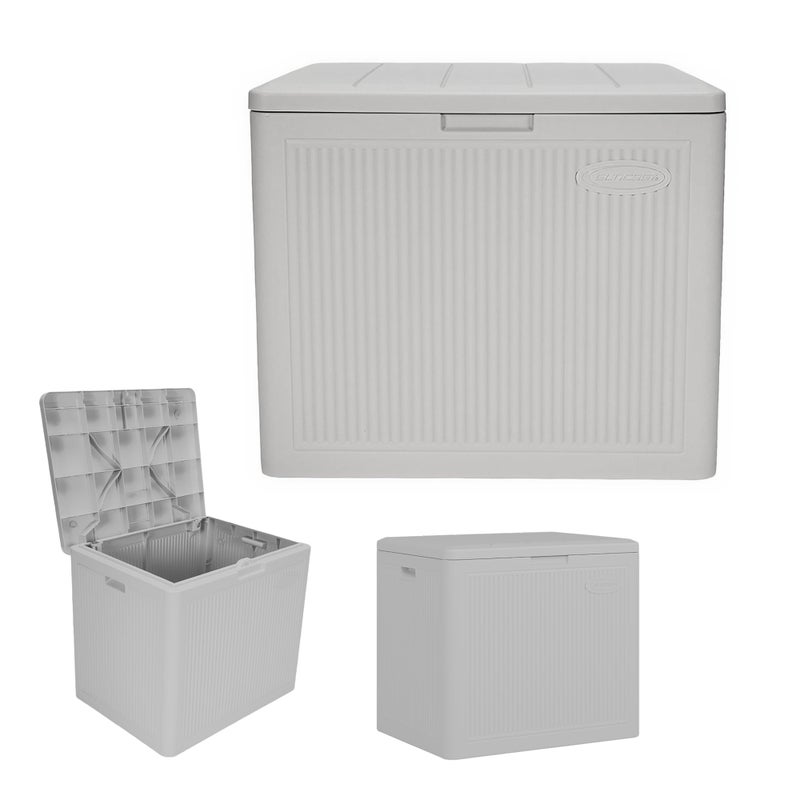 Suncast 22-Gal. Resin Small Outdoor Patio Deck Box with Reeded Design, Modern Outdoor Patio Bench/Storage Box for Cushions, Garden Tools, and More, French Gray - Image 1