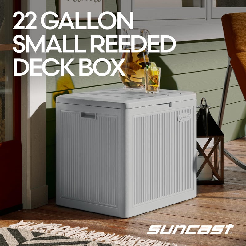Suncast 22-Gal. Resin Small Outdoor Patio Deck Box with Reeded Design, Modern Outdoor Patio Bench/Storage Box for Cushions, Garden Tools, and More, French Gray - Image 2