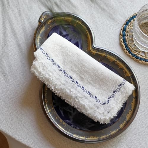 Ayuzawa Embroidered Handmade Cloth Napkins，Thickened Cotton Cloth Napkins with Fringe，Kitchen Dining Tabletop Decoration，for Dinners, Parties, Weddings 18 x 18 Inch Set of 4 - White - Image 4