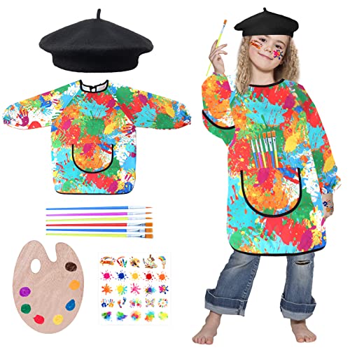 Keymall Artist Costume for Kids 5 Pcs Painter Costume With Beret Smock Palette Stickers For Halloween Career Day Dress Up Multicolor - Image 1