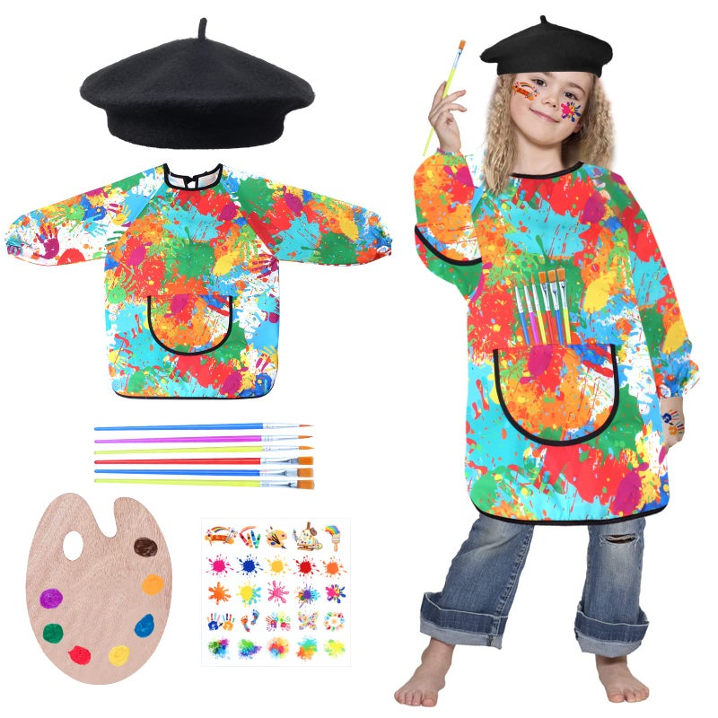 Keymall Artist Costume for Kids 5 Pcs Painter Costume With Beret Smock Palette Stickers For Halloween Career Day Dress Up Multicolor - Image 2