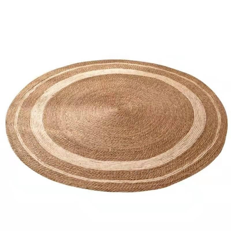 Jute Rug Carpet Floor Mat Round Shape with White Line Jute Carpet Hand Woven Natural Jute Rug Hand Braided Round Jute Carpet Doormat Natural Jute Floor Mat For Home Office 120x120cm - Image 3